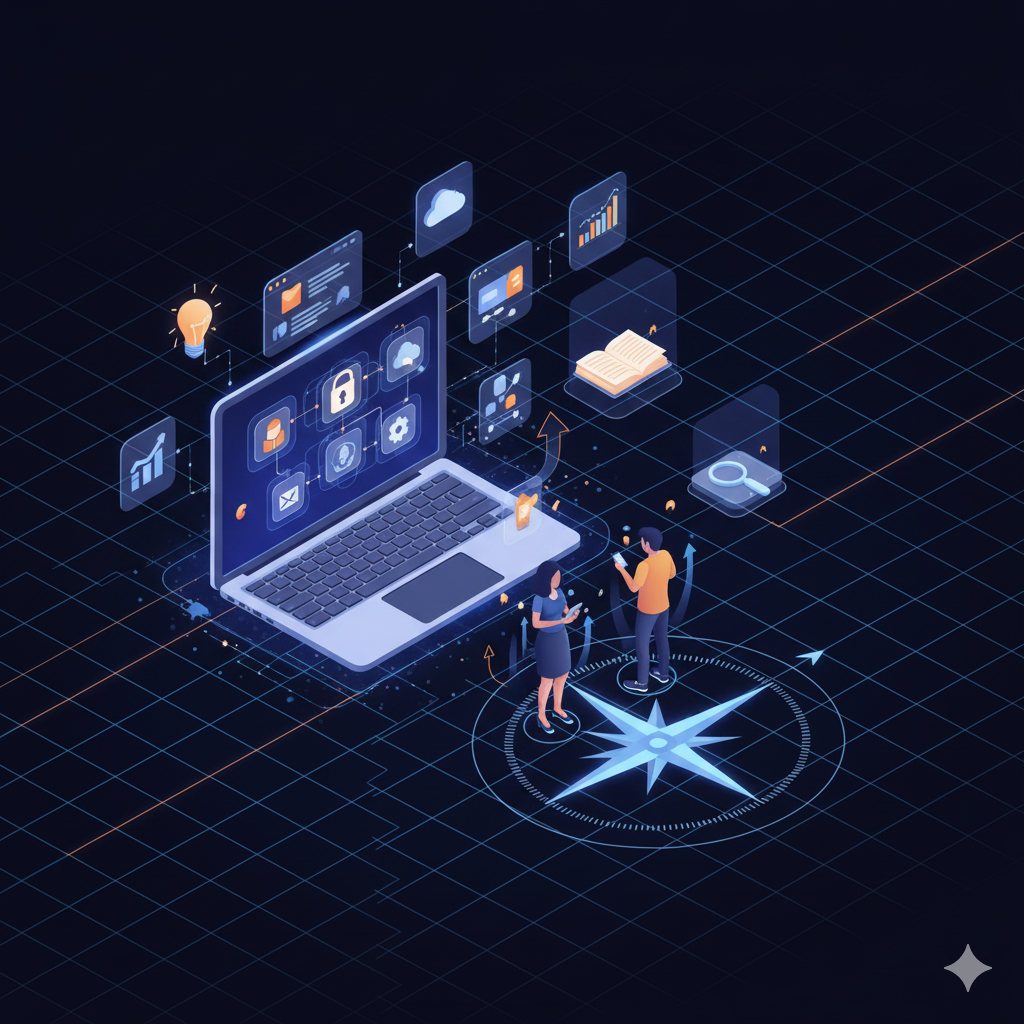 Illustration of a person navigating digital tools and information